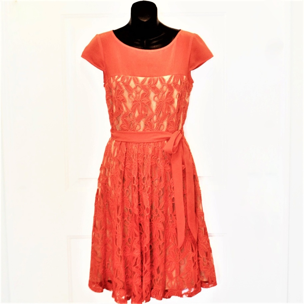Knee Length Dress Lace Overlay ~ Coral